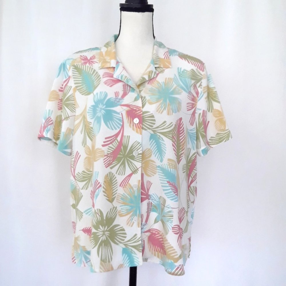 Alfred Dunner Tropical Print White Floral Print Button Down Casual Blouse